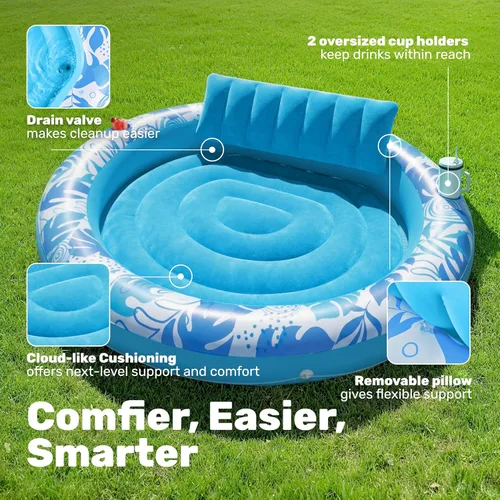 Miniatura 4 de SLOOSH Flotador inflable para piscina de bronceado, flotadores de piscina de 72 x 56 pulgadas para adultos con almohada, flotador redondo 4 en 1