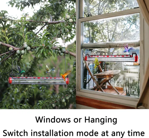 Miniatura 7 de Alimentador de colibríes para colgar en exteriores, colgar y ventana, tubo horizontal de dos modos de alimentación para colibríes, con percha