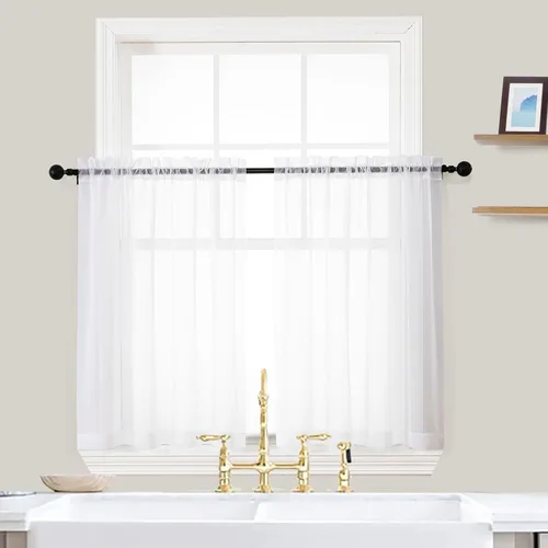 Miniatura 42 de OVZME - Cortinas traslúcidas blancas de 45 pulgadas de largo, 2 paneles, cortinas de gasa con bolsillo para barra para ventanas pequeñas, cada una