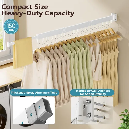 Miniatura 3 de JAUREE Tendedero para ropa montado en la pared, ahorro de espacio, plegable, plegable, retráctil, con 18 ganchos, interior/exterior, color blanco