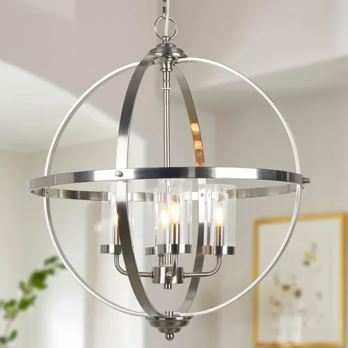 Treekee Candelabro Globo de 20'', Candelabros de Níquel Cepillado, Candelabro Orbe Moderno de 4 Luces, Lujosa Lámpara Colgante con Pantalla de