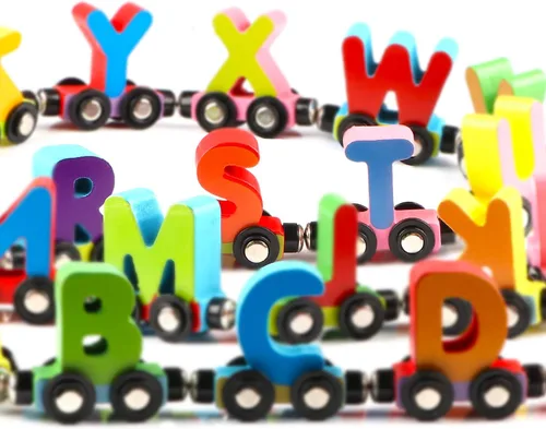 Miniatura 9 de Wondertoys - Tren de juguete de madera del alfabeto con 27 piezas, juego de tren magnético de madera del alfabeto ABC