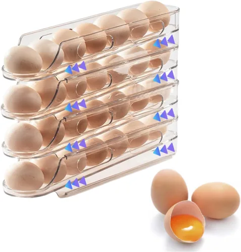 Miniatura 6 de Soporte apilable transparente para huevos para refrigerador, contenedor de almacenamiento automático de huevos de 1 a 4 niveles, bandeja