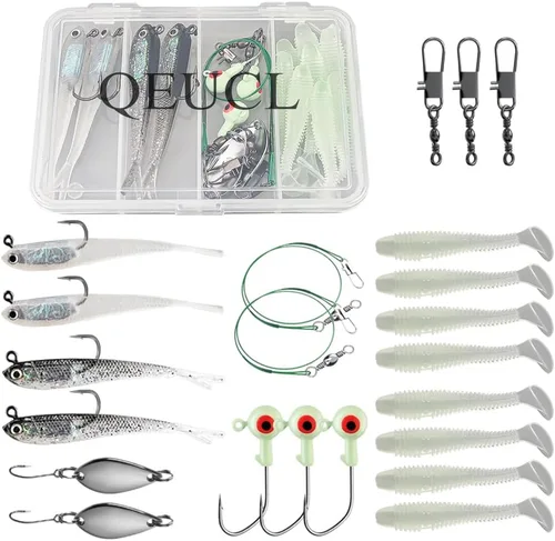 Juego de cebo, juego de señuelos de pesca, juego de caja de equipo de pesca de lubina y trucha, incluye ganchos, gusanos, regalos de pesca para