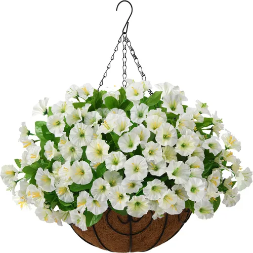 Miniatura 9 de Homsunny Plantas artificiales colgantes con cesta para exteriores, petunias falsas, de seda, para exteriores, porche, patio, balcón, jardín