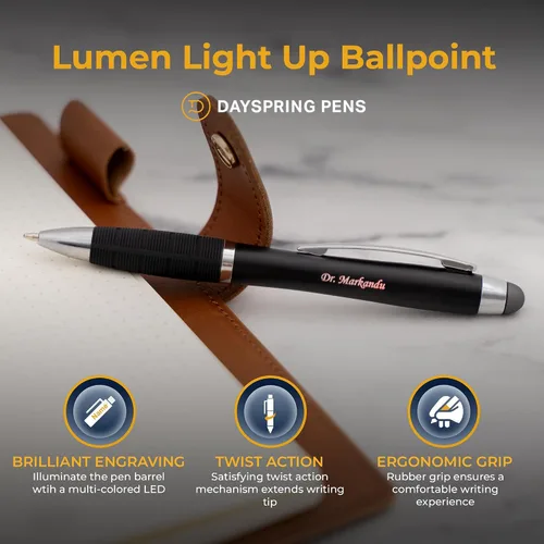 Miniatura 4 de Dayspring Pens Lumen Light-Up - Bolígrafo grabado con lápiz capacitivo, negro, grabado iluminado con pantalla de luz multicolor, acción de clic