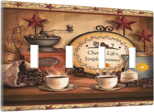Miniatura 54 de Farmhouse Coffee Primitive Coffee Bean Kitchen 3 Gang Triple Interruptor de Luz de Palanca Cubierta de Placa de Pared Placa Frontal Eléctrica Café