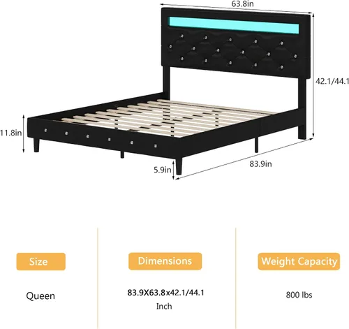 Miniatura 2 de TTVIEW Base de cama Queen con luces LED, marco de cama de plataforma de cuero con cabecera tapizada ajustable, luces LED de control de aplicación