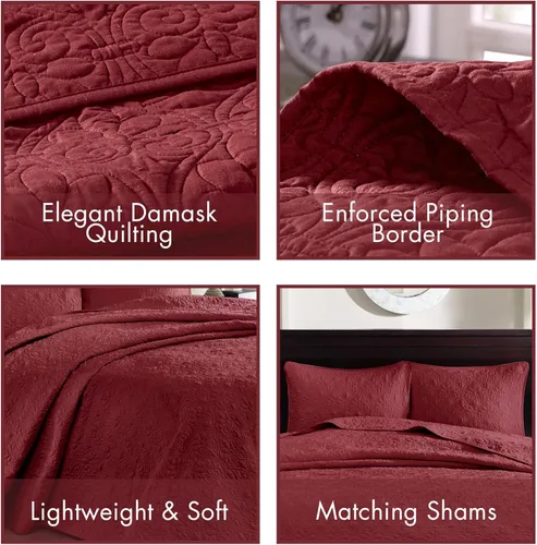 Miniatura 4 de Madison Park Quebec Juego de ropa de cama tamaño queen, color rojo, damasco, 3 piezas, fundas de colcha de microfibra ultra suave, colcha acolchada