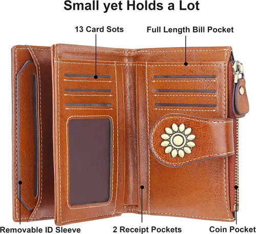 Miniatura 4 de Lavemi Cartera de cuero para mujer, pequeña, compacta, con bloqueo RFID, con bolsillo con cremallera