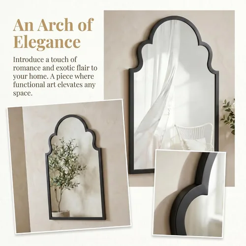 Miniatura 4 de Espejo de baño negro de 36 x 22 pulgadas, espejo de tocador de baño arqueado para pared con marco de metal, antioxidante, espejo decorativo de arco