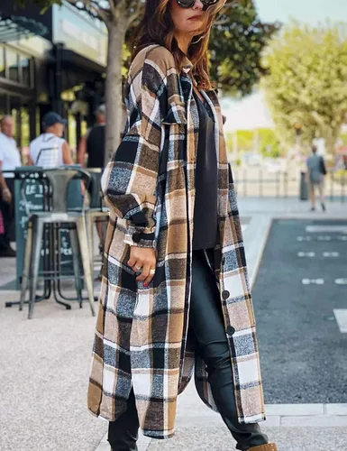 Miniatura 4 de Omoone - Chaqueta de manga larga con botones para mujer diseño a cuadros de ajuste holgado