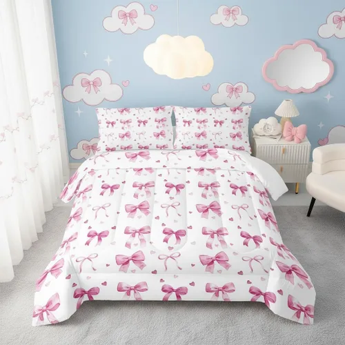 Miniatura 16 de QOOMO Juego de edredón de 3 piezas con diseño de mariposa de dibujos animados, tamaño individual, bonito juego de ropa de cama con lazo