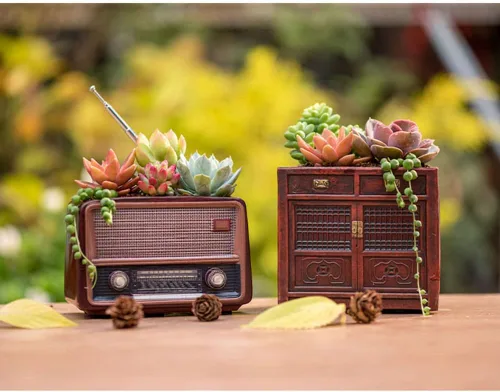 Miniatura 6 de Macetas de madera, mini maceta, maceta retro de resina para suculentas, bonsái, soporte de escritorio, mini adorno (caoba radio)
