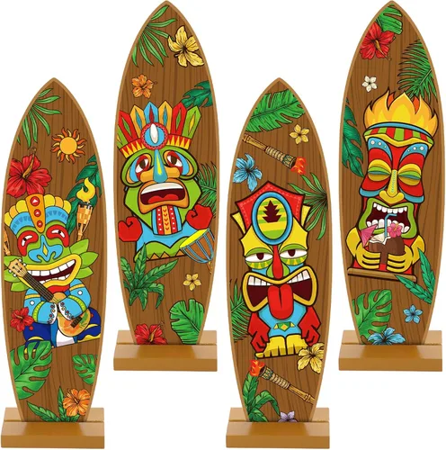 Blulu 4 piezas de decoraciones de tabla de surf para fiesta, mini tabla de surf, letreros de playa, letrero de bienvenida al paraíso, centros de