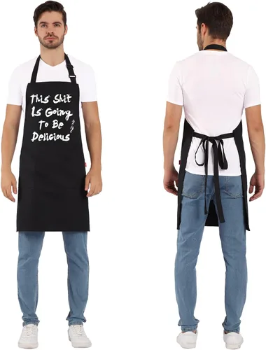 Miniatura 5 de Delantal divertido para barbacoa para hombres, delantal de chef con 2 bolsillos, correa ajustable para el cuello y lazos de 40 pulgadas de largo