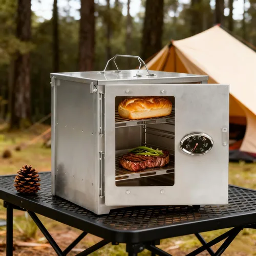 Miniatura 5 de POMOLY Horno de campamento de 12.6 pulgadas de alto con parrilla de 2 niveles, horno de titanio portátil con termómetro para hornear, calefacción