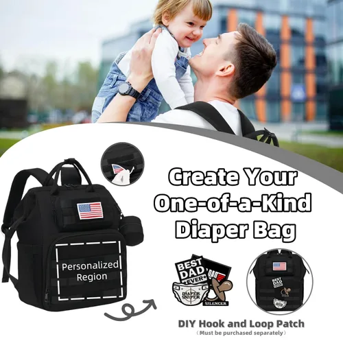 Miniatura 2 de ROSEGIN Mochila para pañales para papá y hombres, bolsa grande de viaje para bebé con cambiador, funda para chupete, parche de bandera extraíble