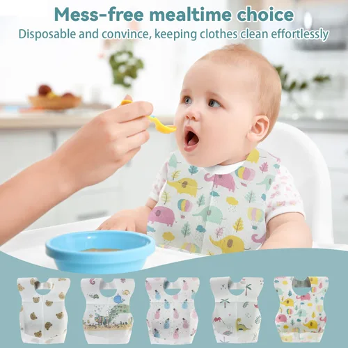 Miniatura 4 de 100 PCS Disposable Bibs for Toddlers, 5 Patterns Individually Packaged Baby Bibs with Catcher and Waterproof Liner for Boys Girls Eating, Baby