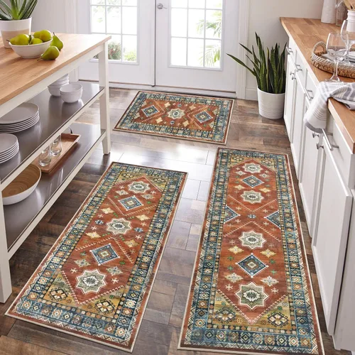 Miniatura 23 de HEBE - Juego de alfombras de cocina bohemias de 3 piezas con corredor, alfombras de cocina antideslizantes y tapetes lavables para piso de cocina