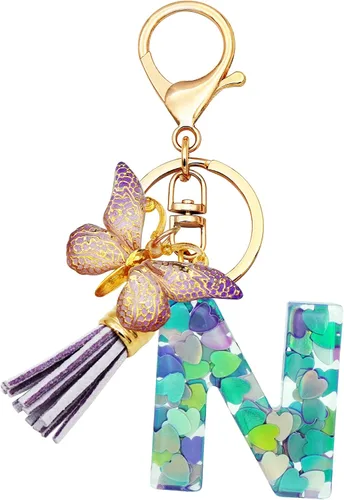 TTYY Llaveros con letra inicial para niñas y mujeres, rosa, morado, verde, lindo llavero de corazón de mariposa para mochila escolar