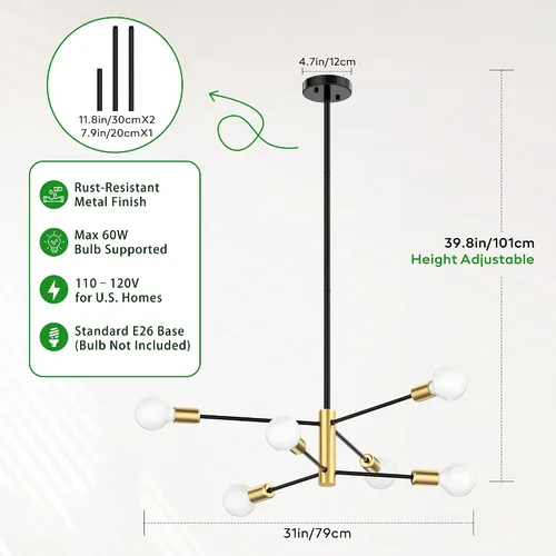 Miniatura 2 de Candelabros Sputnik Modernos para Comedor, Altura Ajustable Semi Empotrado Negro y Dorado Candelabro Lámpara de Techo Montaje 6 Luces Mediados