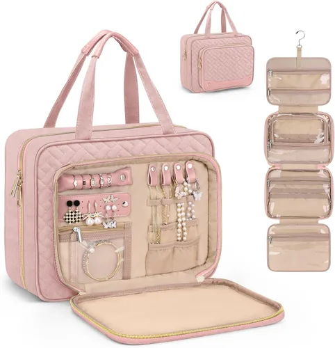 Miniatura 9 de Bolsa de aseo Wedama para mujer, bolsa de viaje grande para cosméticos, bolsa de aseo colgante para baño, bolsa de maquillaje impermeable de PVC Rosa