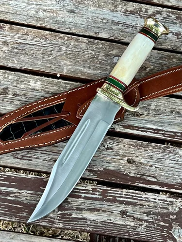 Miniatura 3 de Poshland Cuchillo de caza personalizado hecho a mano de acero D2 de 12.5 pulgadas - Mango de hueso de agarre perfecto con herraje de latón (REG-225)