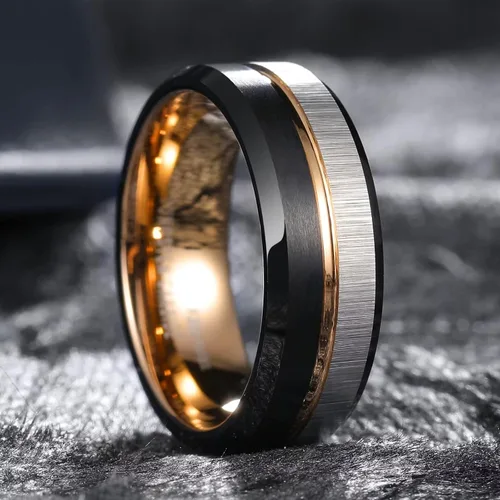 Miniatura 3 de King Will Loop. Anillo de boda de carburo de tungsteno de 0.2360.315de pulgada, con línea de oro rosa, anillo negro y plata cepillado, ajuste cómodo