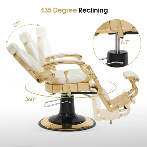 Miniatura 6 de BarberPub Silla de peluquero resistente para hombres con reposacabezas, sillas reclinables hidráulicas de metal antiguo multiusos, equipo de Blanco