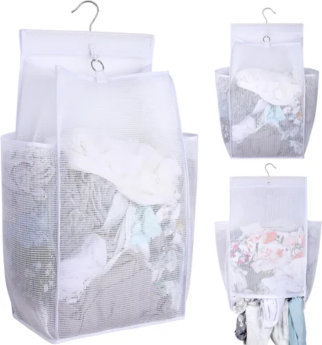 Cesta colgante plegable de malla transpirable, bolsa de almacenamiento portátil de secado rápido que ahorra espacio, cesta de lavandería para Blanco