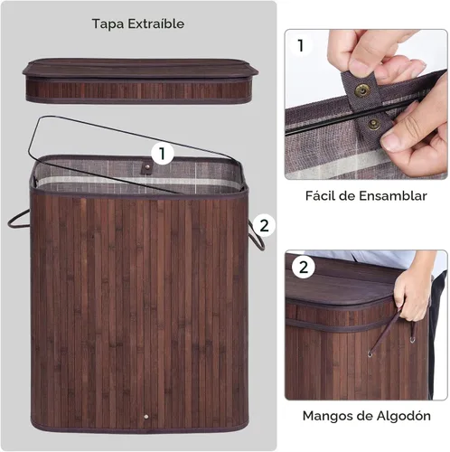 Miniatura 3 de SONGMICS Cesta de lavandería con tapa, cesta de lavandería de bambú con asas, cesta de almacenamiento plegable para lavandería, dormitorio, 100