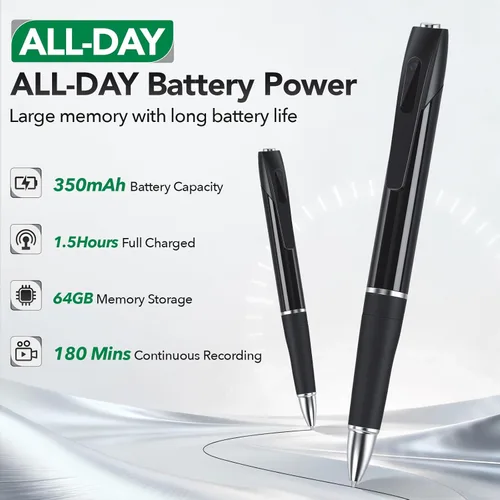 Miniatura 3 de Mini bolígrafo de cámara oculta con tarjeta de memoria de 64 GB, cámara de niñera pequeña HD de 1080P, bolígrafo de seguridad recargable por USB