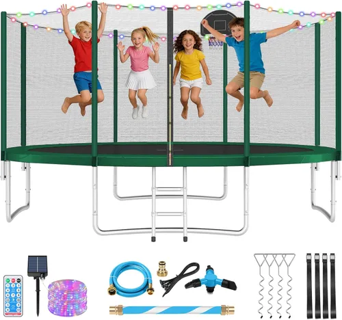 Miniatura 9 de Lyromix Trampolín mejorado con luces, trampolín grande para exteriores con aspersor, aro de baloncesto y red, capacidad para 5-8 niños y adultos