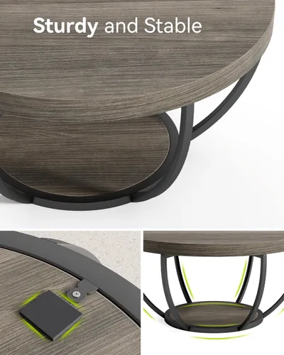 Miniatura 7 de LITTLE TREE Mesa de Centro Redonda, Mesa de Centro Circular de 32" para Sala de Estar, Mesa Central de Acento de Madera de 2 Niveles con Gris y negro