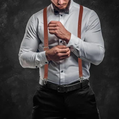 Miniatura 7 de Liguero de cuero genuino para hombre Tirantes de cuero con diseño en Y Regalos de padrinos de boda Liguero ajustable con ganchos Tirantes