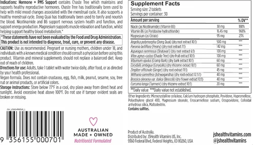 Miniatura 6 de JSHealth Equilibrio hormonal para mujeres. Apoyo del síndrome premenstrual con vitaminas B3, B6, magnesio. Alivio de la tensión premenstrual.