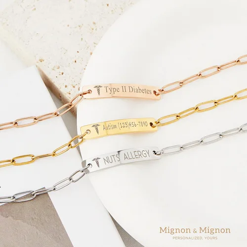 Miniatura 5 de Medical ID Bracelet for Women Personalized Medical Alert Engraved Diabetic Autism Awareness Bracelet Custom Paperclip Chain Jewelry Prescription