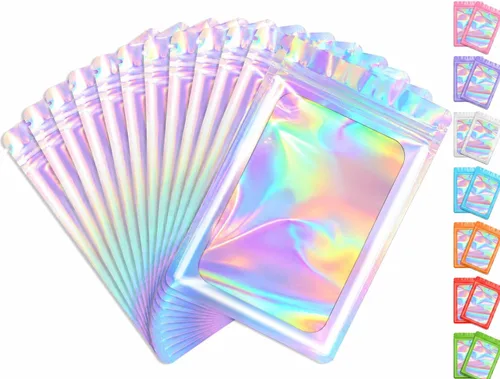Miniatura 18 de FUNFERY 100 piezas de bolsas resellables transparentes holográficas, bolsas de embalaje a prueba de olores, bolsas de almacenamiento de alimentos