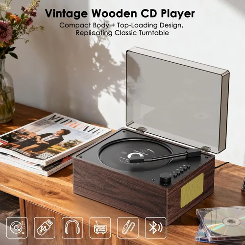 Miniatura 4 de Reproductor de CD portátil para el hogar con Bluetooth 5.3, altavoces duales de alta fidelidad, AUX de 3.5mm, reproducción USB Reproductor de CD