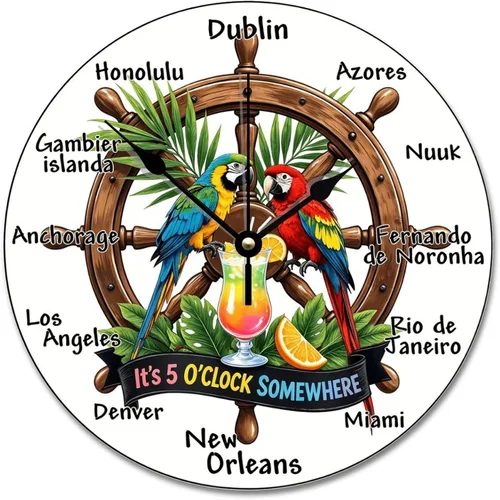 Miniatura 35 de ArogGeld Reloj de pared de 5 O'Clock Somewhere - Reloj redondo de madera para casa de playa, 10, silencioso, sin tictac, batería de cuarzo, granja