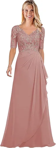 Miniatura 4 de Women's V-Neck Chiffon Mother of The Bride Dresses Lace Long Ruffle Prom Dress with Half Sleeve Formal Evening Party Gowns