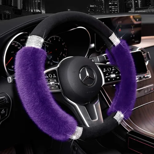 Miniatura 9 de Achiou - Funda de volante esponjosa con diamantes de imitación, cómoda lana sintética de lujo antideslizante, ajuste universal para volantes de 14.5
