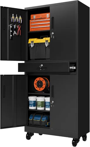 Miniatura 12 de Armario de almacenamiento de metal para garaje con ruedas, gabinete rodante con cerradura para herramientas con cajón y estantes, gabinete móvil