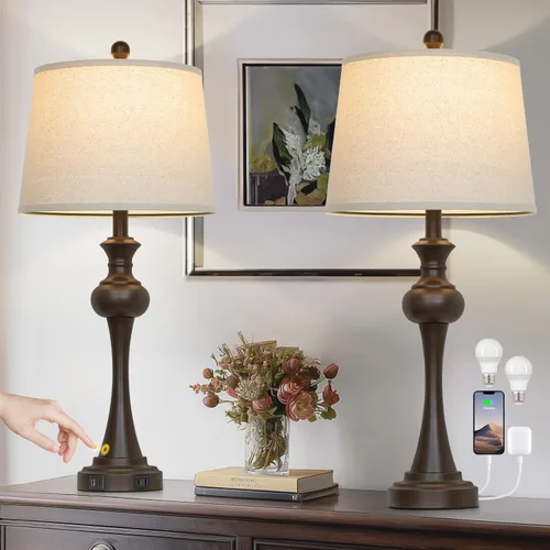 Miniatura 11 de CINSARY Lámpara de mesa marrón alta de 29", lámpara de noche con control táctil regulable en 3 vías con USB A+C y toma de corriente AC