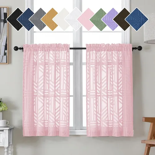 Miniatura 74 de Simplebrand Cortinas traslúcidas negras de cocina de 24 pulgadas de largo, 2 paneles, filtrado de luz, geométrico jacquard con textura, cortinas