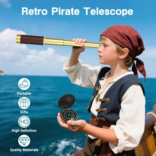 Miniatura 2 de Telescopio pirata retro 25x30 Spyglass portátil plegable telescopio de mano zoom vintage monocular colección clásica brújula para camping, caza