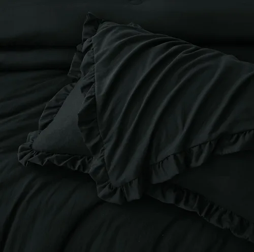 Miniatura 6 de Chezmoi Collection Nora - Juego de edredón negro tamaño King de 3 piezas, esponjoso, suave, lavado a la piedra, con volantes, ropa de cama Shabby