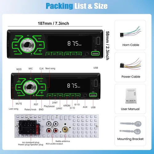 Miniatura 5 de SIXWIN - Radio para coche de un solo DIN, estéreo Bluetooth, receptor de audio multimedia para coche con control de voz, entrada AUX/USB/TF, control