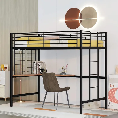 Miniatura 3 de SOFTSEA Cama tipo loft de metal doble con escritorio y rejilla de metal, marco de cama de acero de estilo industrial para niños y adolescentes